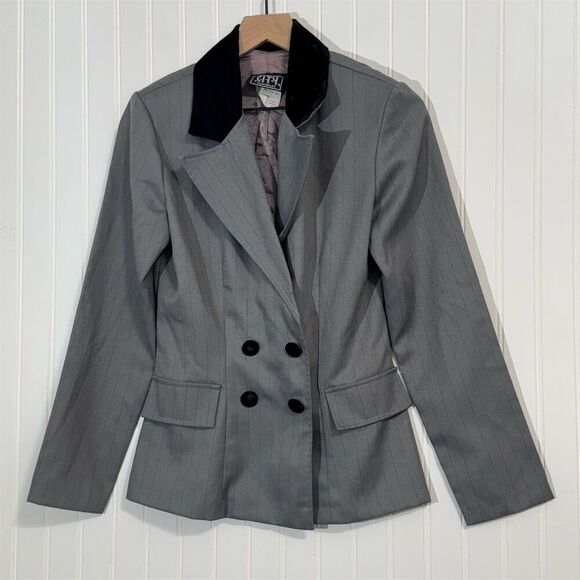 Vintage City Triangles Blazer Women’s 5 Gray Pinstripe Velvet Collar 80s 90s USA - Picture 1 of 10
